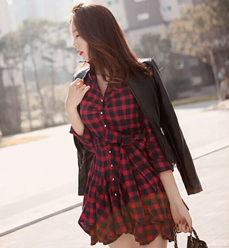 

Fashion Womens Lady Casual Flannel Plaid Check Button Down Top Layer Shirt Dress