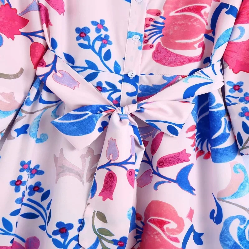 

Chu Sau Beauty 2021 Women's Retro Totem Print Bow Tie Belt Shirt Dress Fashion Lapel Three-Quarter Sleeves Waist Slimming Dress