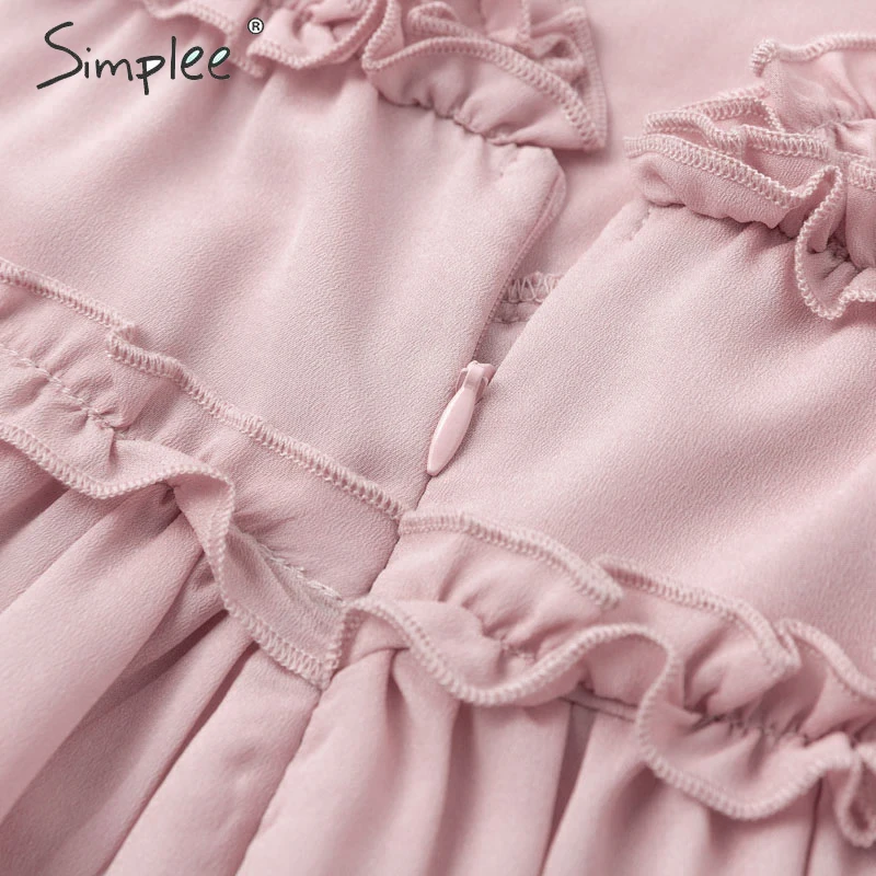 Женское шифоновое короткое платье Simplee розовое повседневное пляжное с оборками и