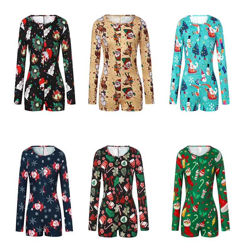 

Cartoon Christmas Print Playsuit Pajamas Button Up Long Sleeve Skinny Romper Casual Overalls Bodysuit Sleepwear Women Cothing