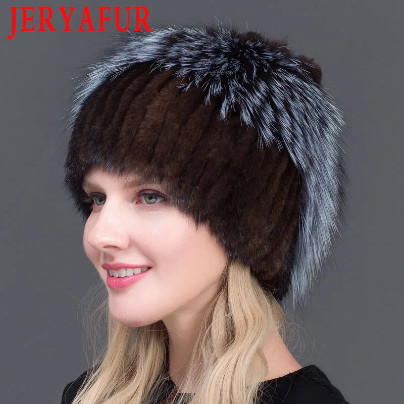 JERYAFUR натуральная черно бурая лиса меховая шапка женская норковая меховые зимние