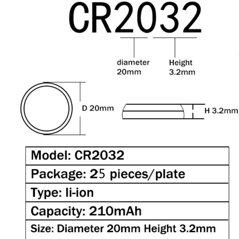 100 шт. CR2032 Antcdj Батарея Кнопка ячейки 3V литиевые батареи 210 мА/ч ECR2032 BR2032 DL2032 для часы