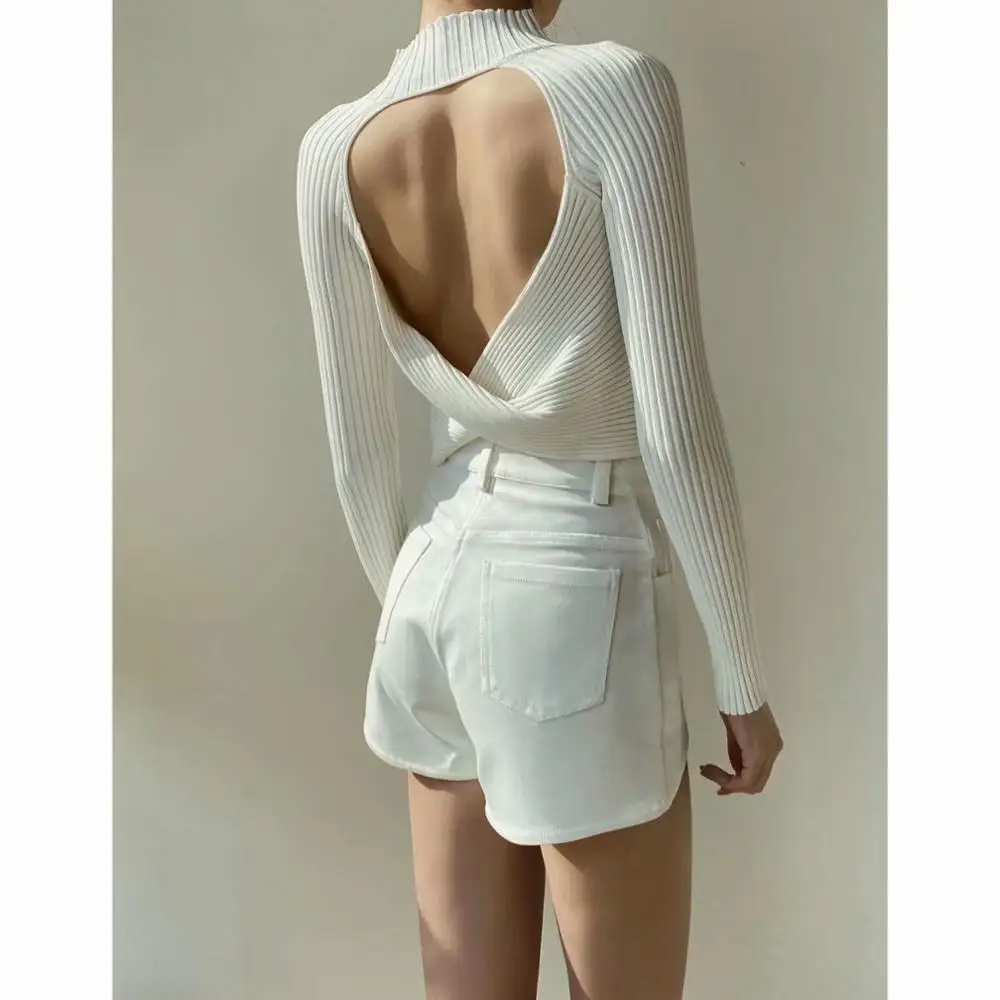 

Women T Shirt Front Leak Back Both Sides Tee Long Sleeve Hollow Knitted Sweater Fashion Sexy Slim Autumn Winter Tops Streetwear