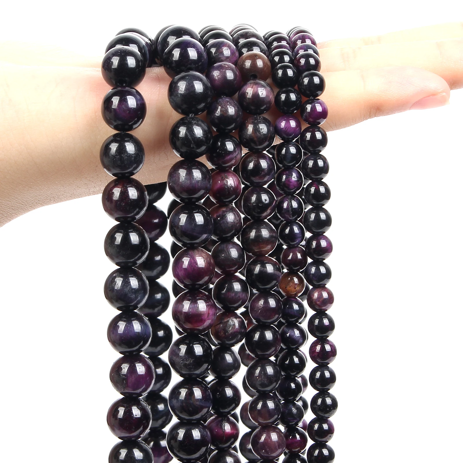 

Бусины из натурального камня тигровый глаз, гладкие фиолетовые круглые бусины россыпью в космическом стиле для изготовления ювелирных изд...