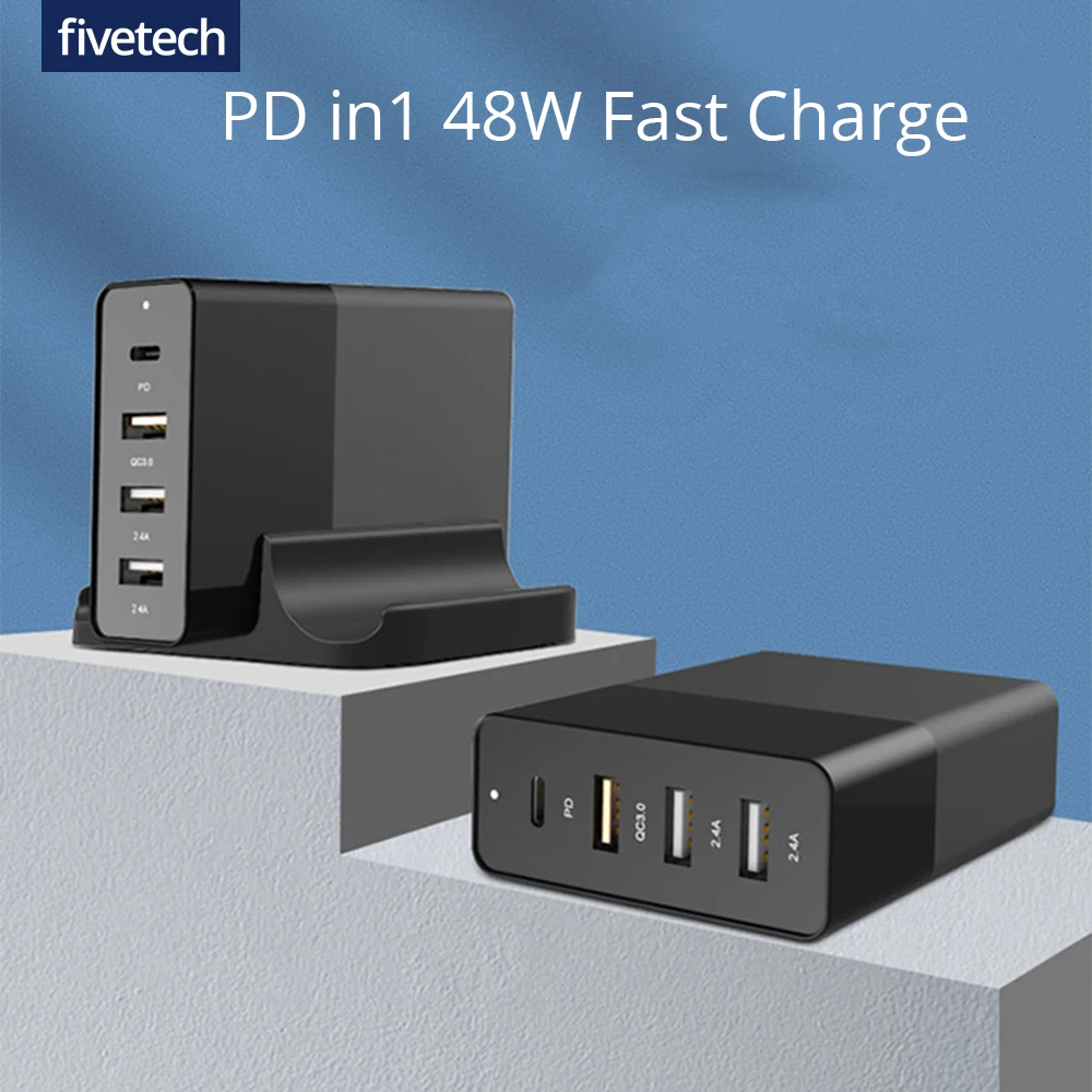 Fivetech 48 Вт Быстрая зарядка 4 порта с адаптером питания QC3.0 PD для Xiaomi iPhone Huawei Samsung