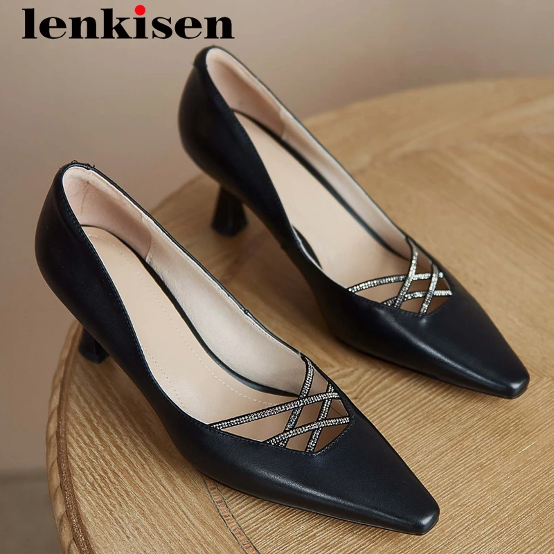 

Lenkisen new korean streetwear full grain leather rhinestone small square toe thin high heel slip on office lady women pumps L23