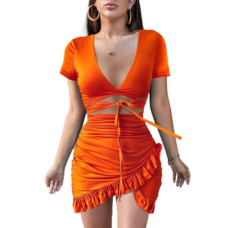 

Digital Print Short Skirt Plus Size Women's Sexy V-Neck Short-Sleeved Collocation Strappy Ears Fashion Irregular Mini Dress 2021