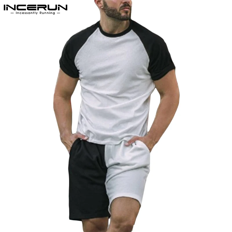 

Fashion Men Casual Sets Patchwork O Neck Short Sleeve T Shirt Elastic Waist Shorts Streetwear 2021 Leisure Men Suits INCERUN 7