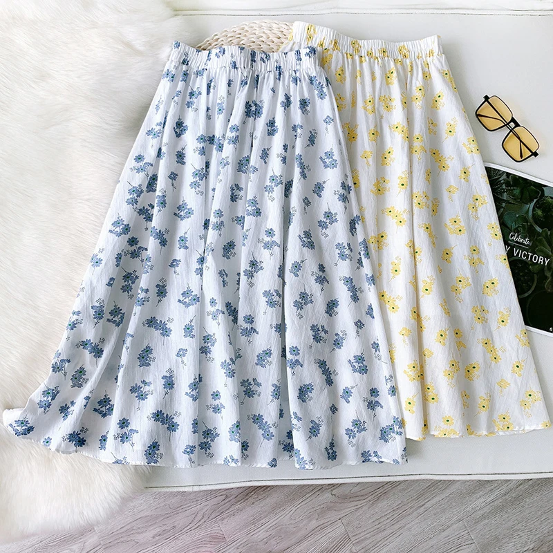 

Wasteheart Summer New Yellow Blue Women Skirt High Waist A-Line Long Mid-Calf Ruffles Sexy Casual Skirts Ball Gown Floral