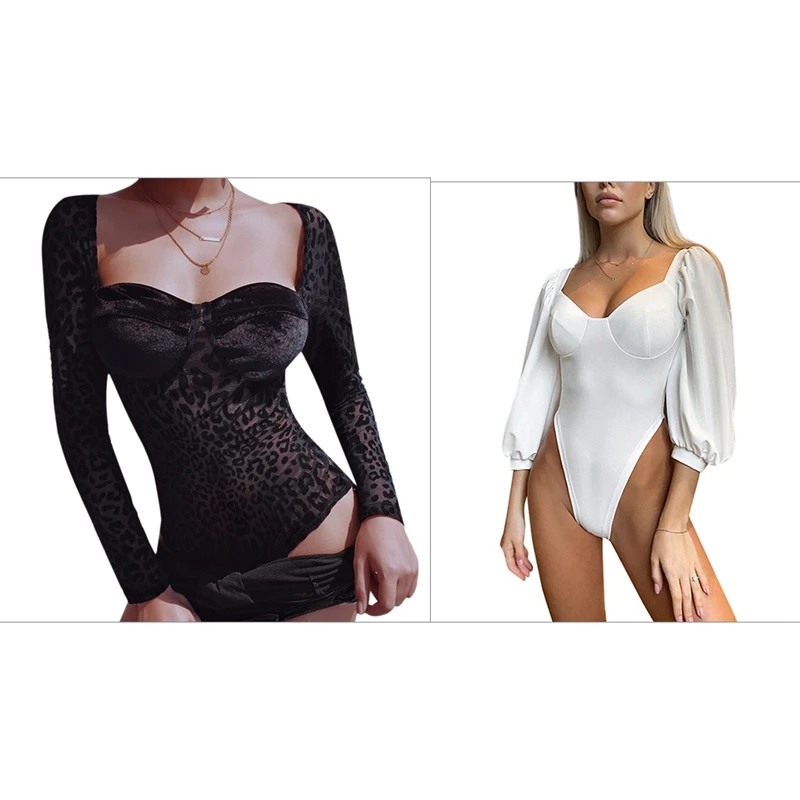

2PCS Body Top Ladies Slim Leotard Stretch Party Club Rompers S With Low Collar Halter Slim Long Sleeve Bodysuit White M
