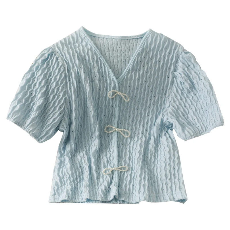 

Women Fashion Outdoor Casual Puff Short Sleeves Hollow Out Blouse Ladies OL Sweet Top Girls Student Elegant Daily Basic Shirts