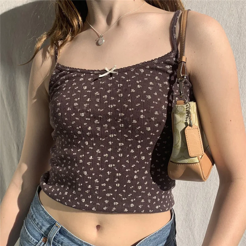 

90s Vintage Floral Print Brown Sleeveless Cami Top Y2K Cute Summer Cotton Crop Top Spaghetti Strap Top Women Fashion Streetwear