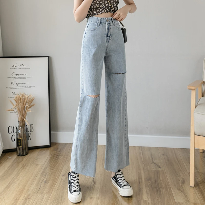 

Korejepo Women Pants 2021 Summer Korean Chic Street Casual Loose Ripped Jeans High-waisted Thin Wide-leg Straight Mopping Pants
