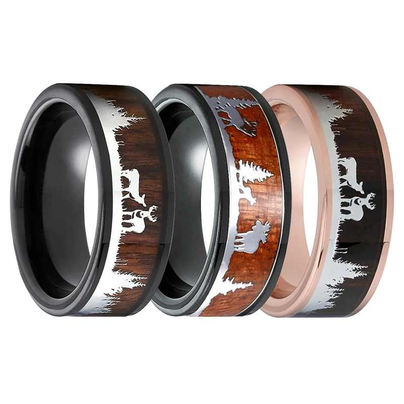 FDLK Vintage 8mm Men's Black Tungsten Hunting Ring Wood Inlay Antler Silhouette Suitable For Wedding Jewelry Gifts | Украшения и