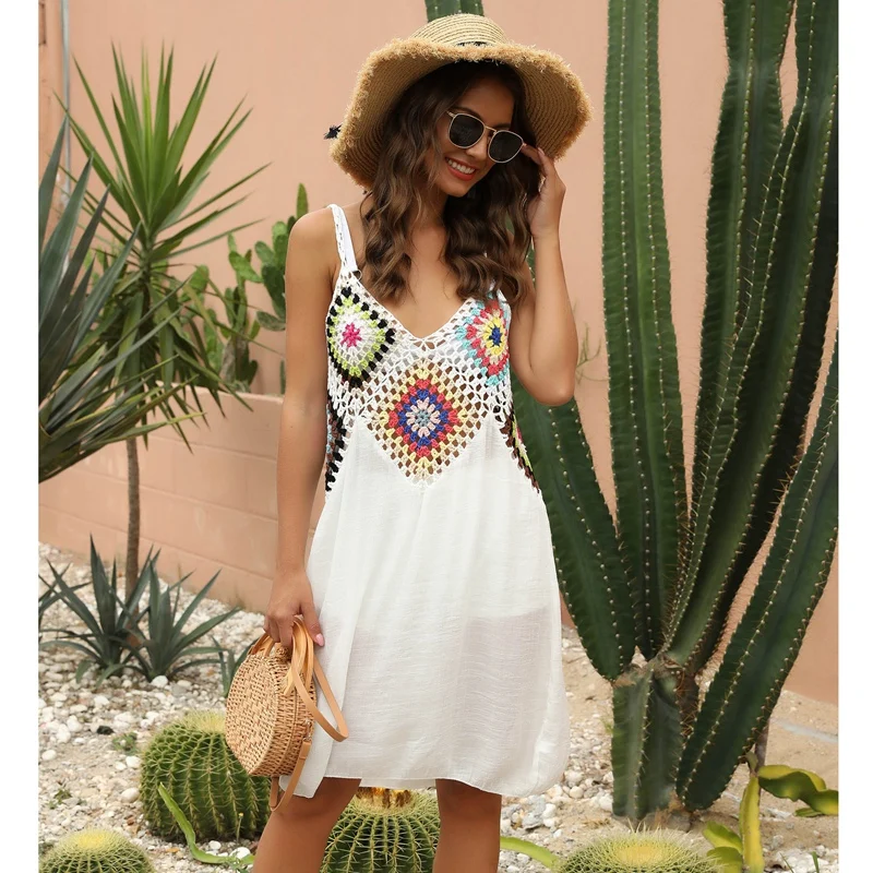 Женская Вязаная пляжная Летняя туника накидка длинная одежда купальник платья |