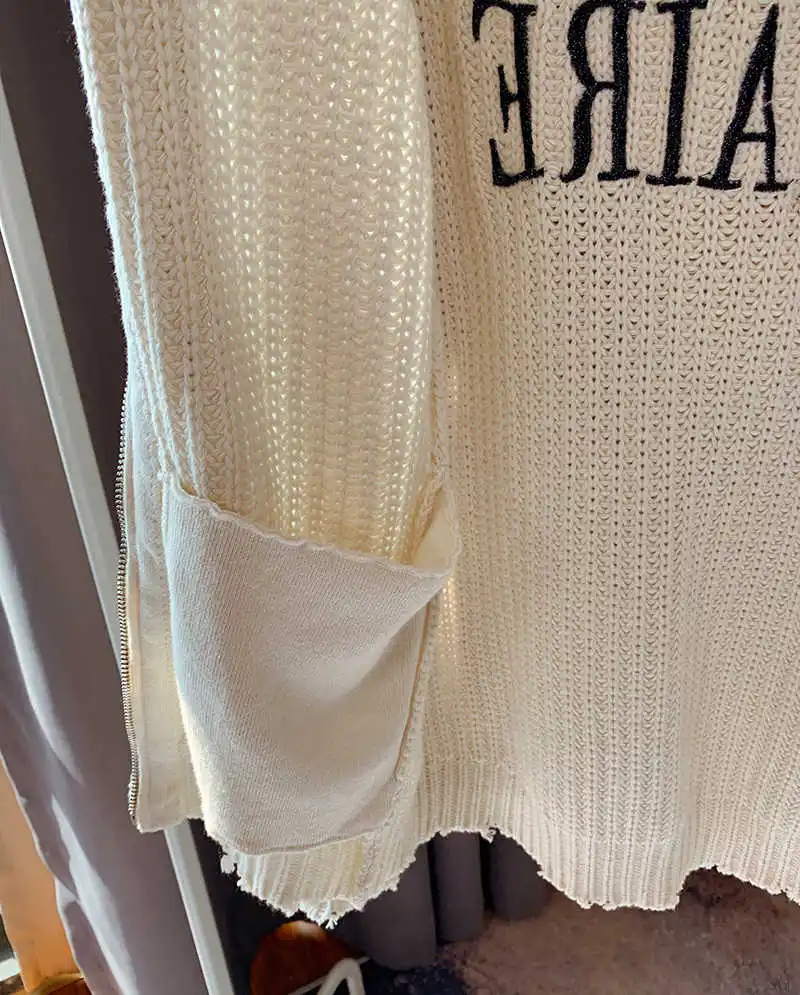 

Cotton Women Beige Simple Style Knit Hoodies Sweater Cardigan Features Back With Letter