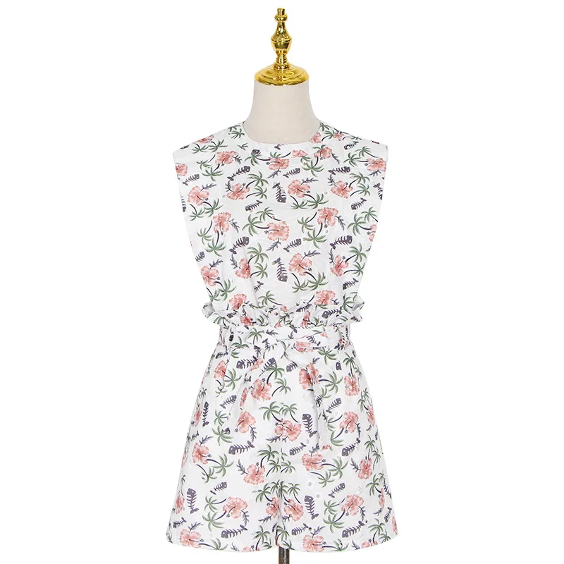 

Commuter summer pants set chiffon floral sleeveless round neck top high waist loose wide leg shorts women