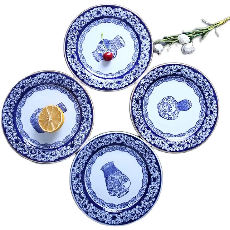 

Керамическая тарелка в китайском стиле, бытовая высокотемпературная подглазурованная сине-белая ретро-тарелка для посуды
