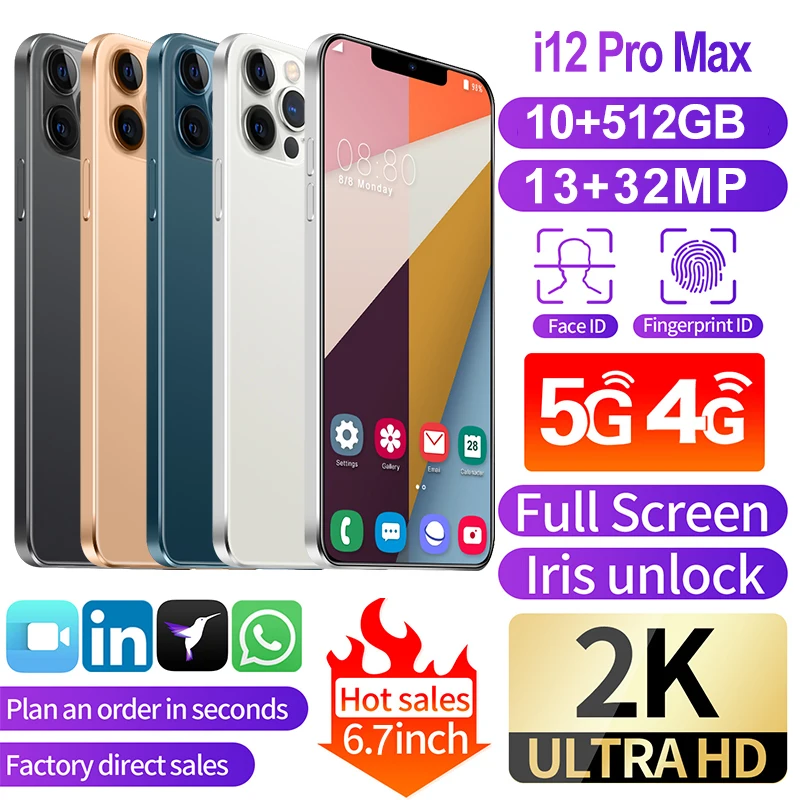 

6.7inch I12 Pro Max 10GB+512GB 24MP+48MP 4800mAh Battery Smartphones Android 10.0 5G 10 Core Telephone Face ID