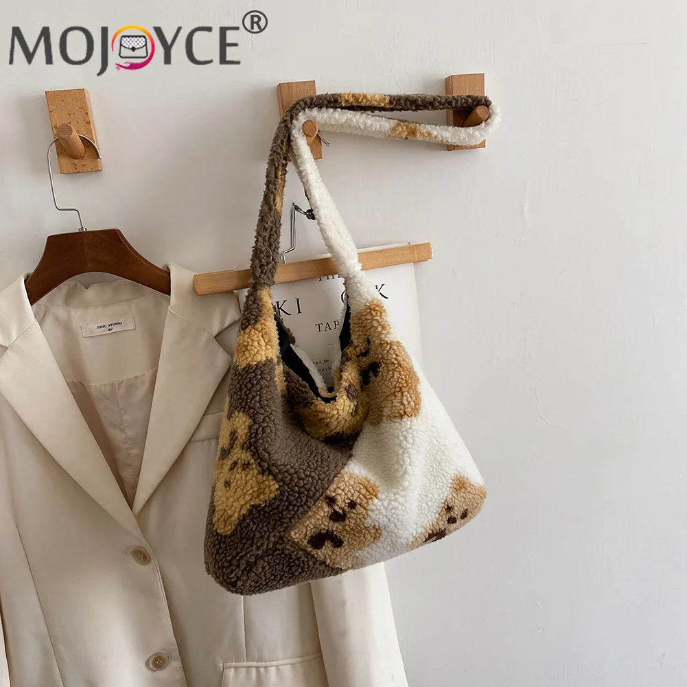 

Fashion Cute Bear Printing Shoulder Underarm Bag Women Autumn Winter Large Capaciy Hit Color Handbag Portable Polar Fleece Pouch