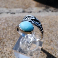 hot selling antique natural dominica larimar leaf ring 925 sterling silver open size ring party ring for women gift