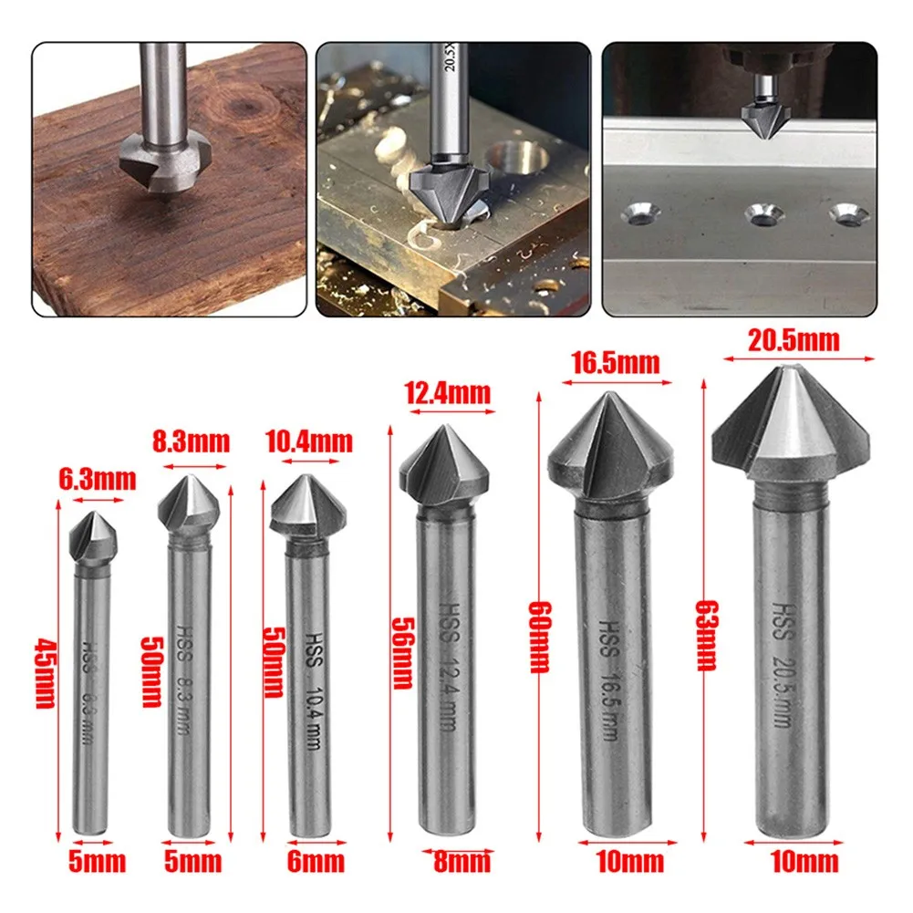 

Round Shank 6pcs 3 Flute 90 Degree HSS Chamfer Chamfering Cutter End Mill Tool Countersink Drill Bit Set 6.3-20.5MM
