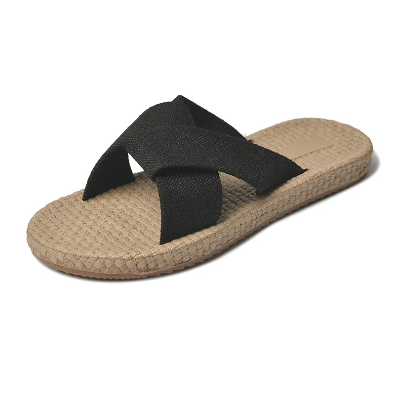 

Slippers Women Summer Flat Shoes Female Slides Pantofle Fashion Cross-Tied Beach 2021 Luxury Basic Classics Canvas Fabric Rubber