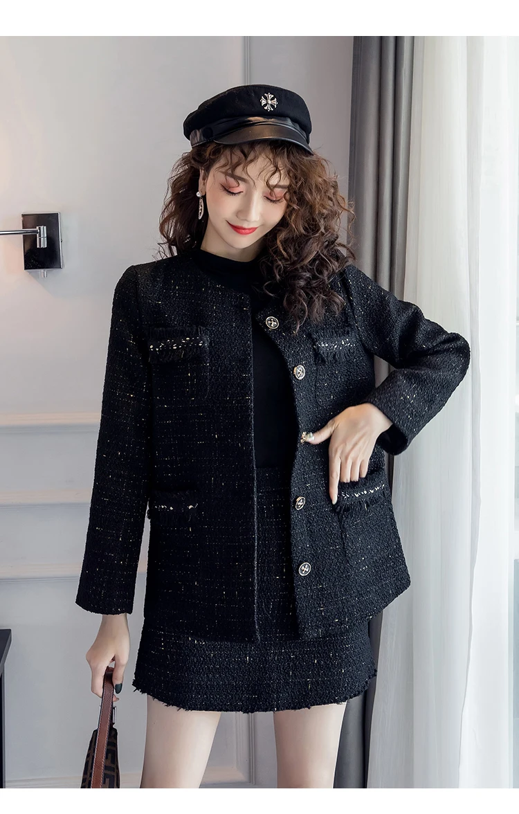 Black Tweed Blazer Skirt Two Piece Sets Autumn Winter New Ladies Tweed Jacket+ Skirt Coat Women Suits Clothes Wholesale