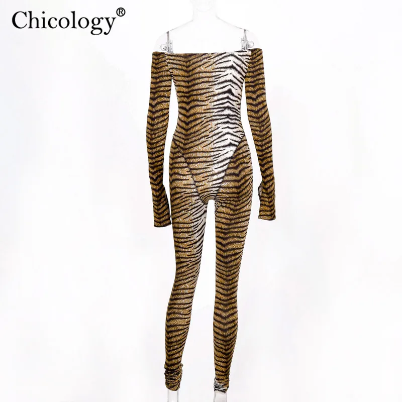 

Chicology jumpsuit off shoulder tiger pattern long pants side split sleeve 2019 summer women sexy streetwear female clothes