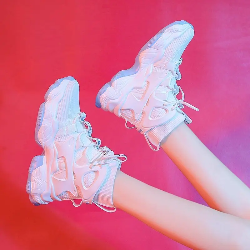 

2021 New Chunky Sneakers Shoes Women Fashion High Help Casual Woman Platform Vulcanized Shoes Lace-up Female Sneakers HY63