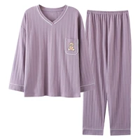 plus size womens pajamas v neck soft knitted cotton long sleeved pants two pieces sleepwear pj set 3xl 4xl 5xl home clothing