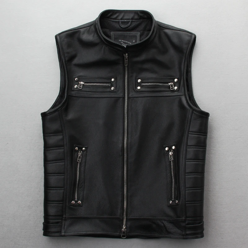 

Men's rivet motorcycle vest genuine leather black jacket with sleeveless designer vintage pocket biker coat 2021