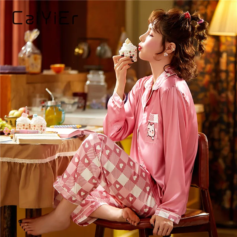 CAIYIER New Pink Cute Cat Back Print Women Silk Pajamas Set Winter Fashion Girl Nightwear Long Sleeve Large Size Sleepwear M-5XL