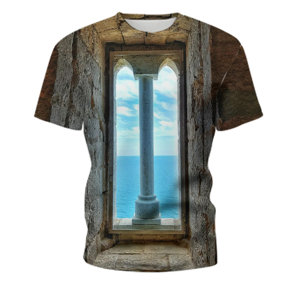 

2021 summer new men's T-shirt 3D creative landscape graphic print T-shirt casual fashion romantic round neck couple short sleeve