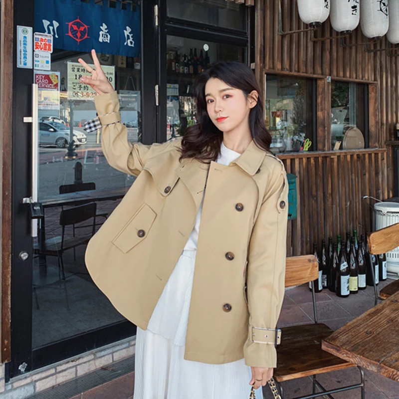 

new solid color long sleeve short trench coat ladies fashion sweet turn down collar jacket female college style over coat D38