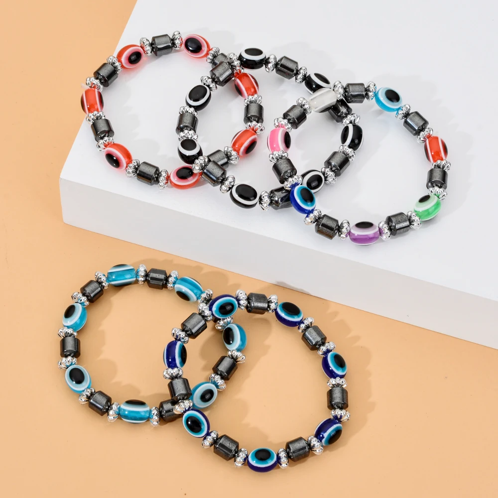 Женский/детский браслет из полимерных бусин Evil Eye разноцветный эластичный