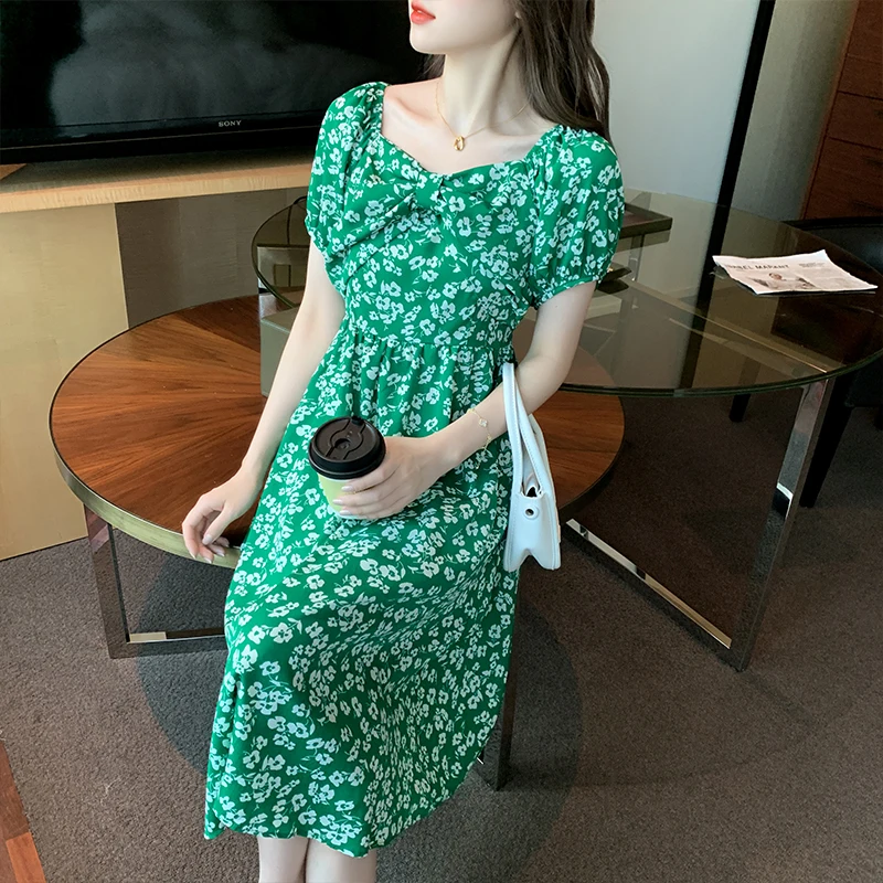 

Summer Dress Women Flroal Printed Short Sleeve Square Collar Clothing 2021 Loose Waist Long Mid-calf Dresses Sexy Vestidos Dress