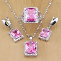 squrae pink cubic zirconia 925 sterling silver jewelry sets for women earringspendantnecklacering free shippinggifts box