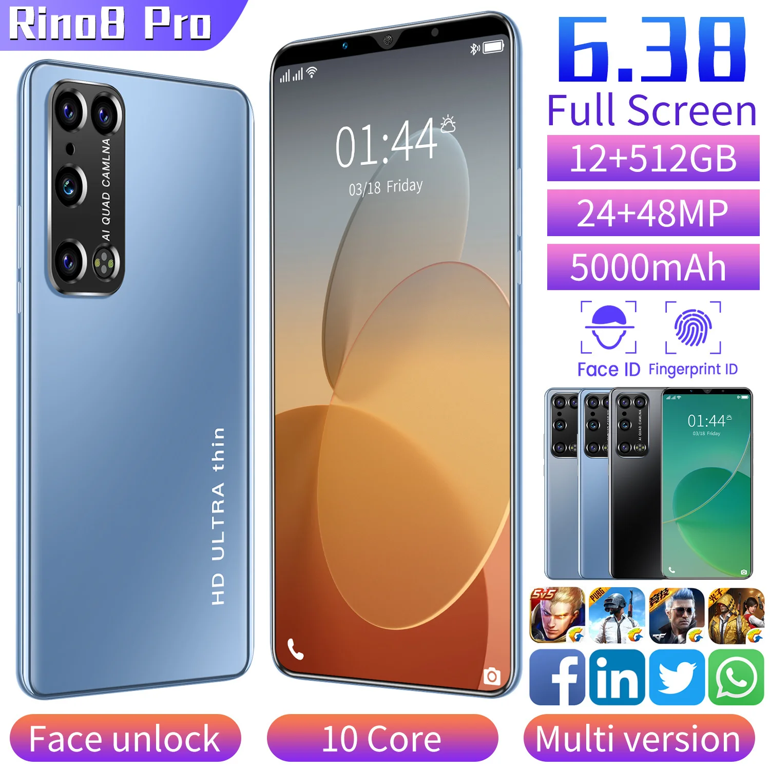 

Rino8 Pro 6.38 Inch 5000mAh 10 Core Fingerprint Unlock Dual SIM+Micro SD Andriod 10.0 Smartphones 24+48MP 8+128GB Cellphones