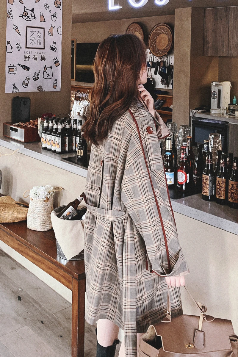 

mid-long plaid trench coat women korean fashion splice loose casual double breasted sashe windbreaker female overcoat outerwear