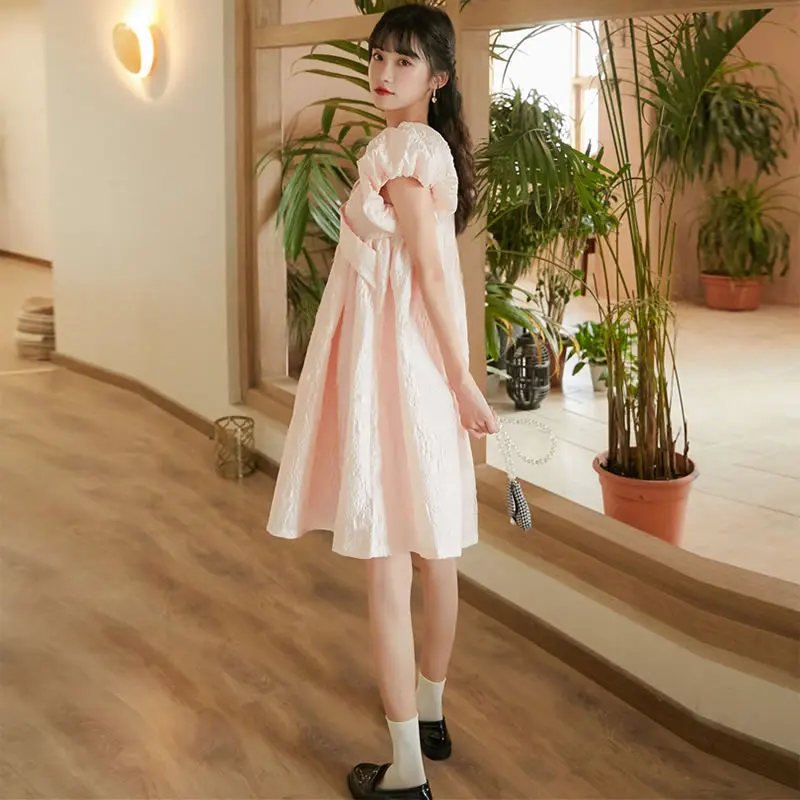 Женское жаккардовое платье XITAO розовое с тиснением рукавами-фонариками и