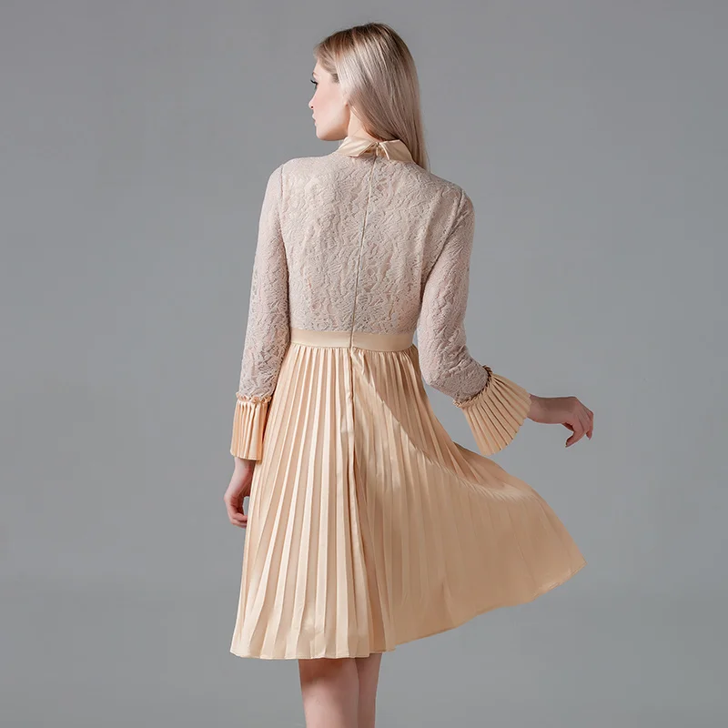

High Quality Autumn Winter Women Lace Chiffon Patchwork Pleated Dress Elegant Party Dresses Clothing OL Workwear
