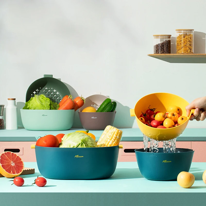 

Micca Double Drain Basket Bowl Vegetable Fruit Washing Storage Basket Kitchen Plastic Strainers Drainer Cleaning Colander Tool