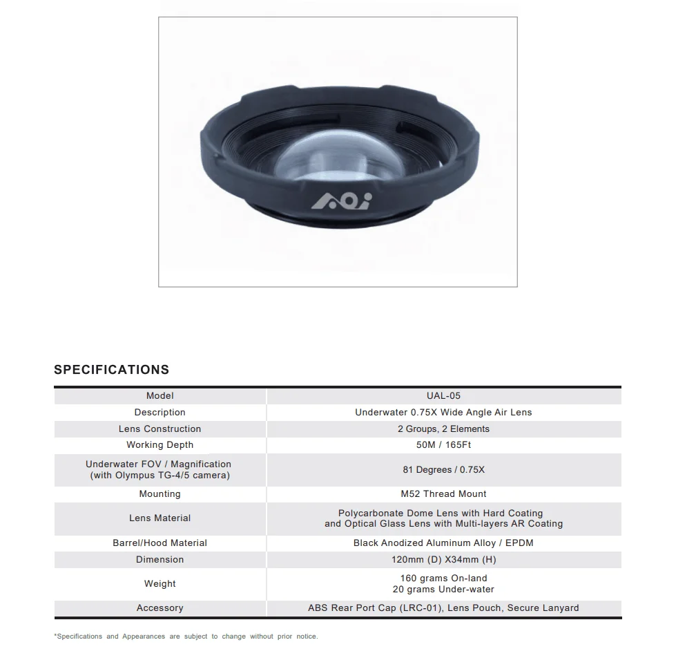 AOI UAL 05 0.75x M52 подводный Широкий формат воздуха объектив для цифровой камеры Olympus Tg6