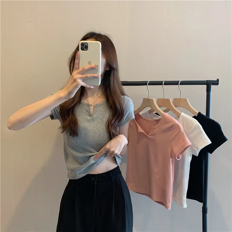

V-neck Short Tshirt Women's Summer Short Sleeve Sweet Spicy Pink Slim High Waist Navel Top Tee Trendy T Shirts Women's Clothing