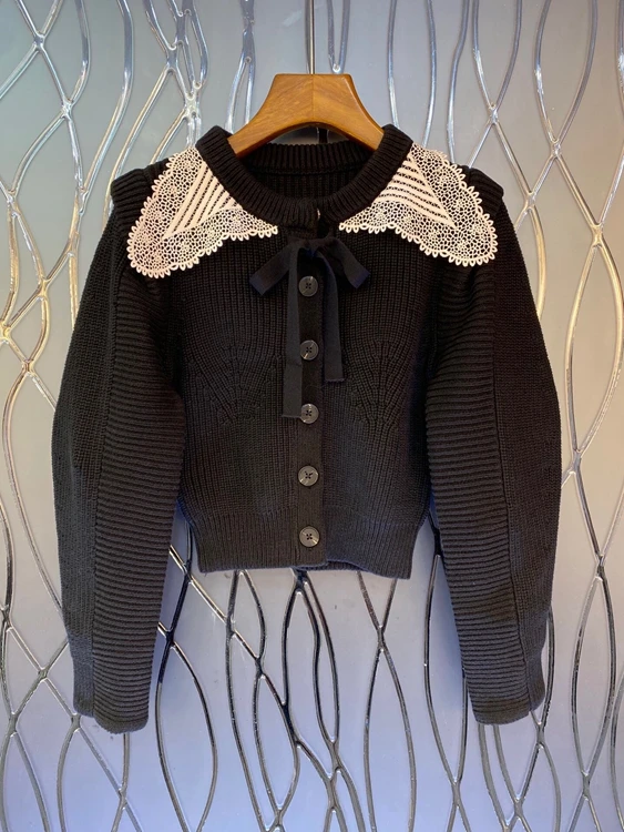 

2021 new women fashion round neck tie knotted neckline decorative button cardigan sweater 731