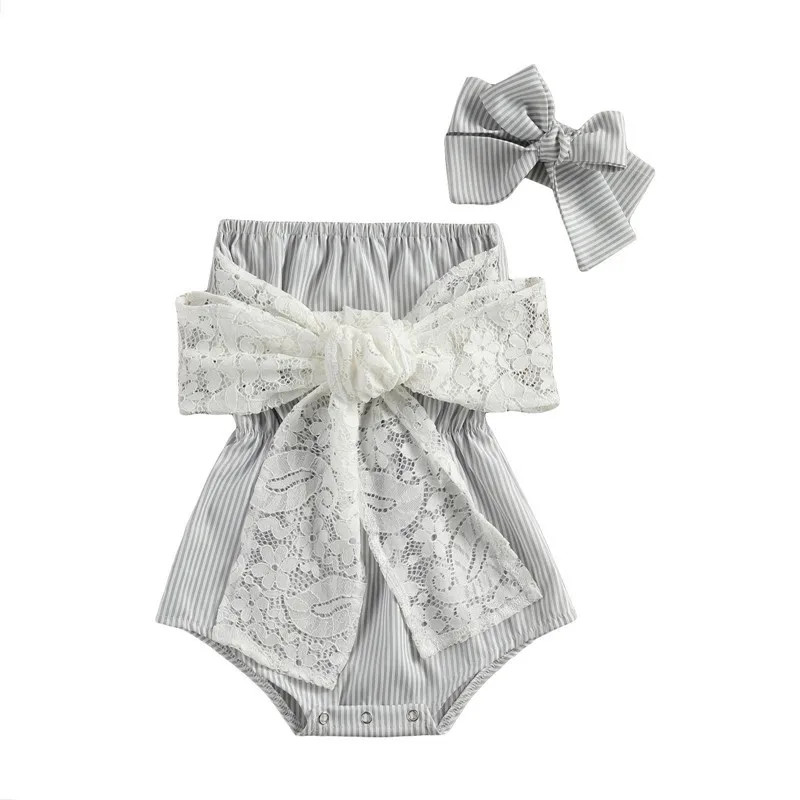 

2021 2Pcs Baby Summer Outfits Stripes Strapless Rompers Bowknot Hairband Toddler Girls Clothes 0-24 Months