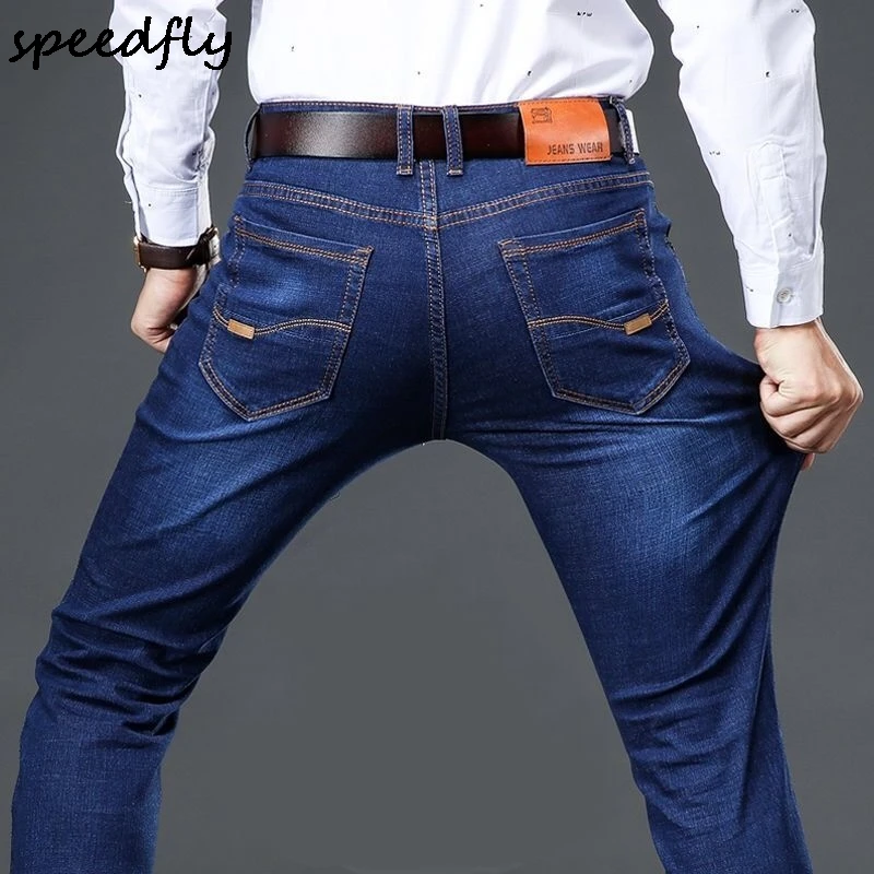

Men Straight Denim Jeans Four Seasons Slim Fit Stretch Casual Jeans High Quality Man Smart Casual Blue Long Jeans Pants