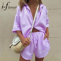 2021 new fashion summer womens shorts set lounge wear short sleeve shirt tops and loose mini shorts suit two piece set
