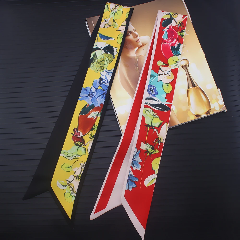 Узкий шарф с абстрактным принтом цветов и птиц ручная роспись новинка 2019